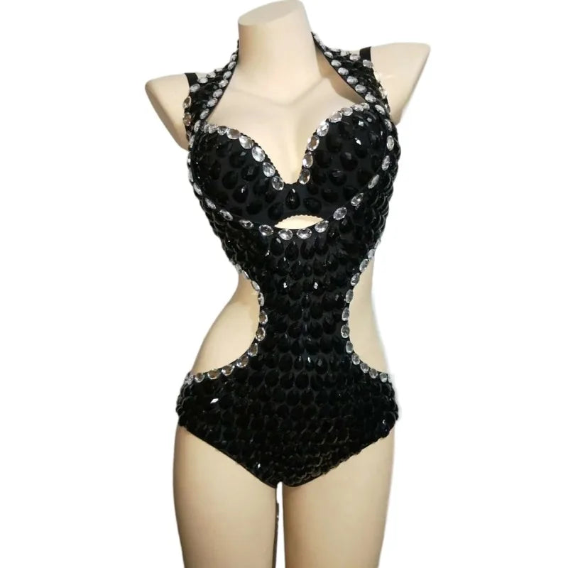 Sexy Black Strappy Hollow Out Bikini Crystal Bra Bodysuits Women Nightclub Bar Showgirl Stripper Pole Dance Performance Wear