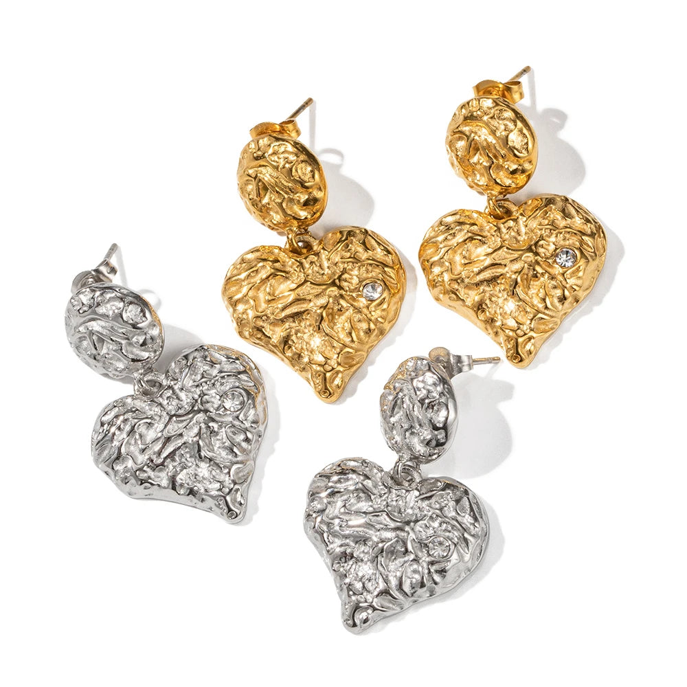 New Trendy 18K Gold Plated Stainless Steel Jewelry Gift Texture Heart Drop Earrings for Women