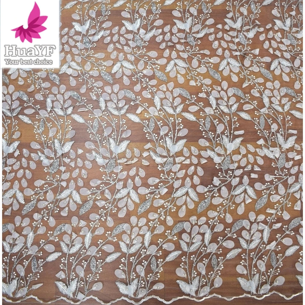 HY0865 Top 3d Laces Fabric Flowers Embroidered Pearls Tulle for Wedding Net Lace Embroidery for Women From Factory