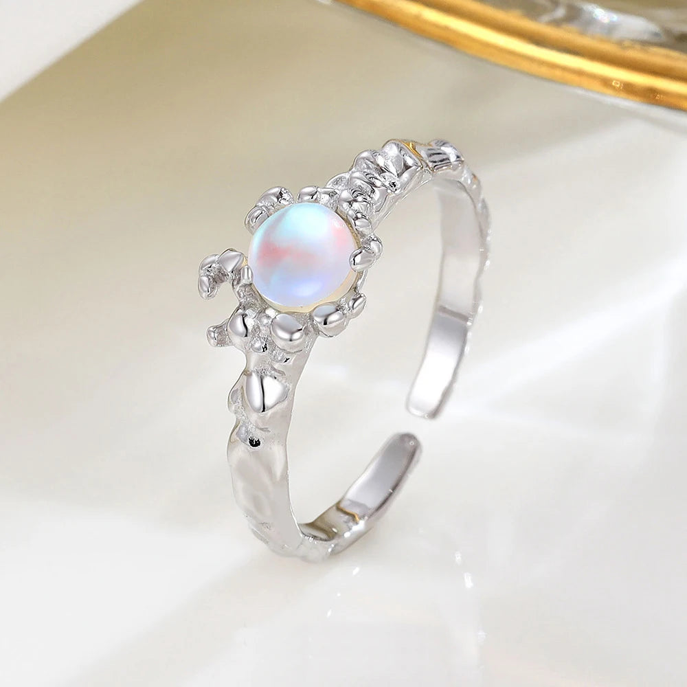 Fine Jewelry 925 Sterling Silver Moonstone Open Ring Women Fashion Natural Stone Adjustable Ring