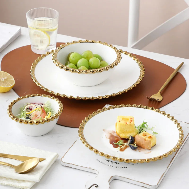 Luxury Eco-Friendly Ceramic Porcelain Dinner Plate with Gold Rim for Weddings-New Item