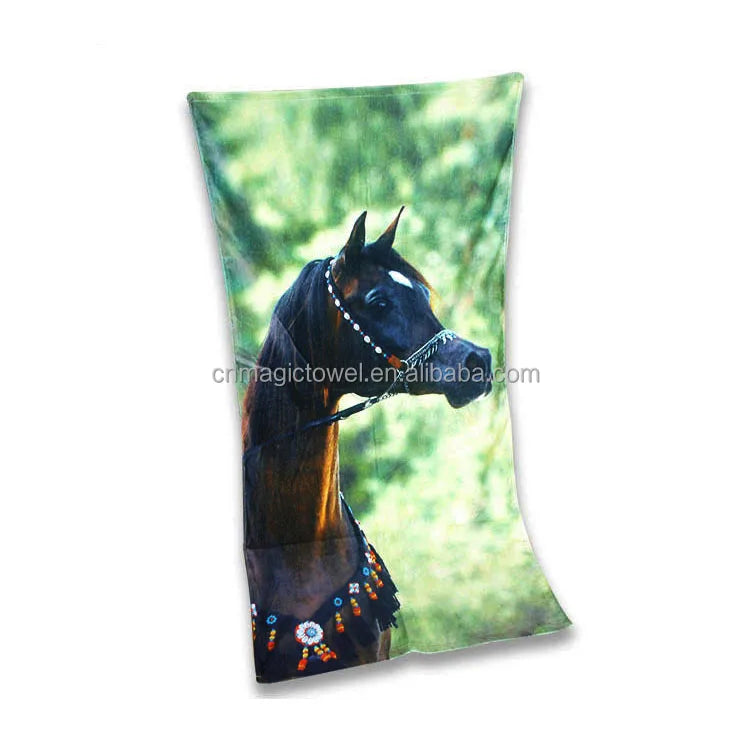 Small MOQ Unique Bath Towel with Own logo Printed Cotton Velvet Customized Animal Photo Digital Horse Printed Beach Towel