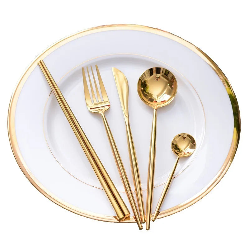 304 Light Luxury Gold Stainless Steel Cutlery Set Western Tableware Steak Knife Fork Chopsticks Golden Dessert Spoon 10 Pcs
