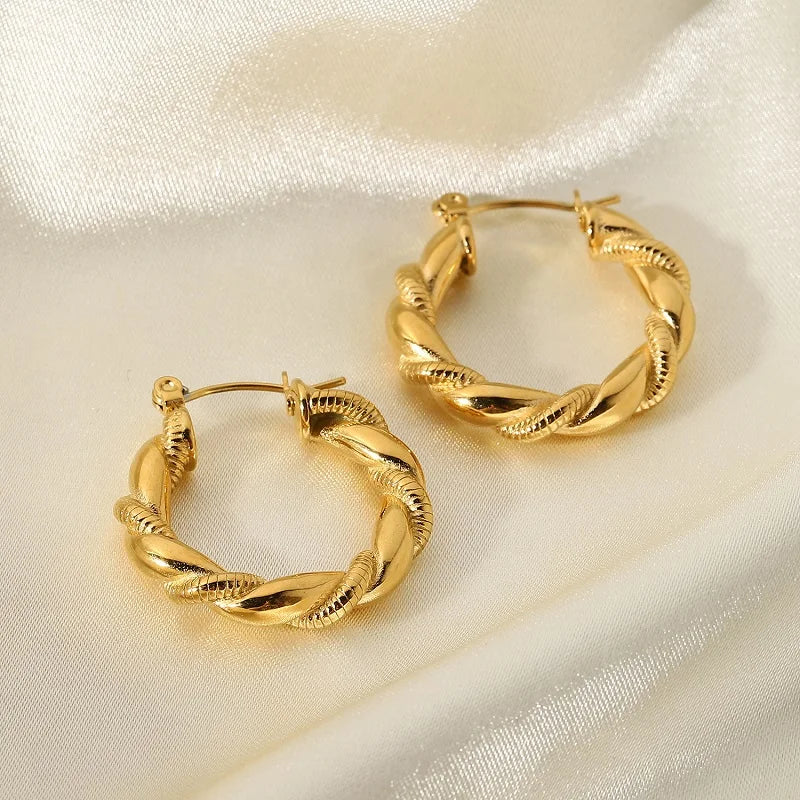 18kgold Plated Stainless Steel Circle Jewelry Croissant Double Twist Hoop Earrings For Women