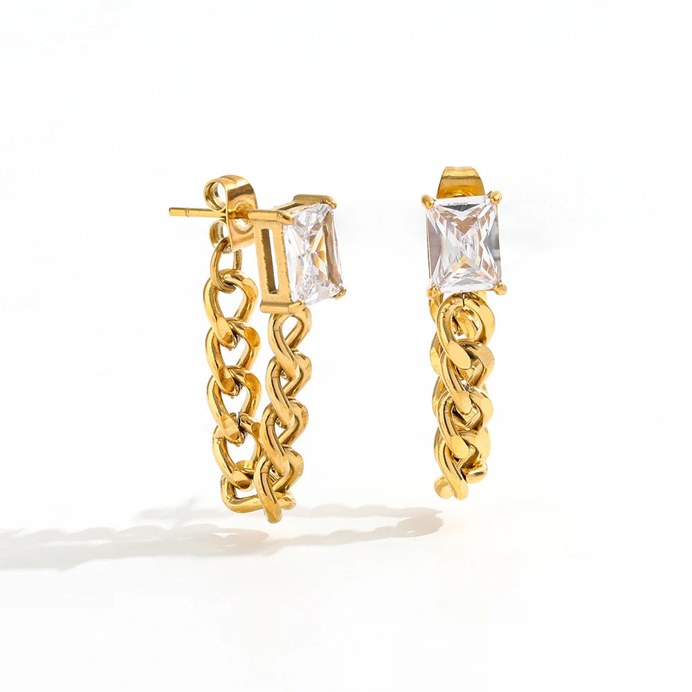 Fenny 18K Gold-plated Wholesale Elegant Rectangle Zircon Link Chain Tassel Hoop Stainless Steel Earring for Women