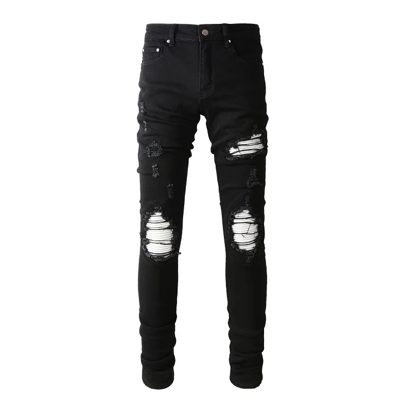 Men's Vintage Winter Slim Fit Plus Size Denim Jeans Wholesale High Street Patch Black Damaged Distressed White Washed Techniques