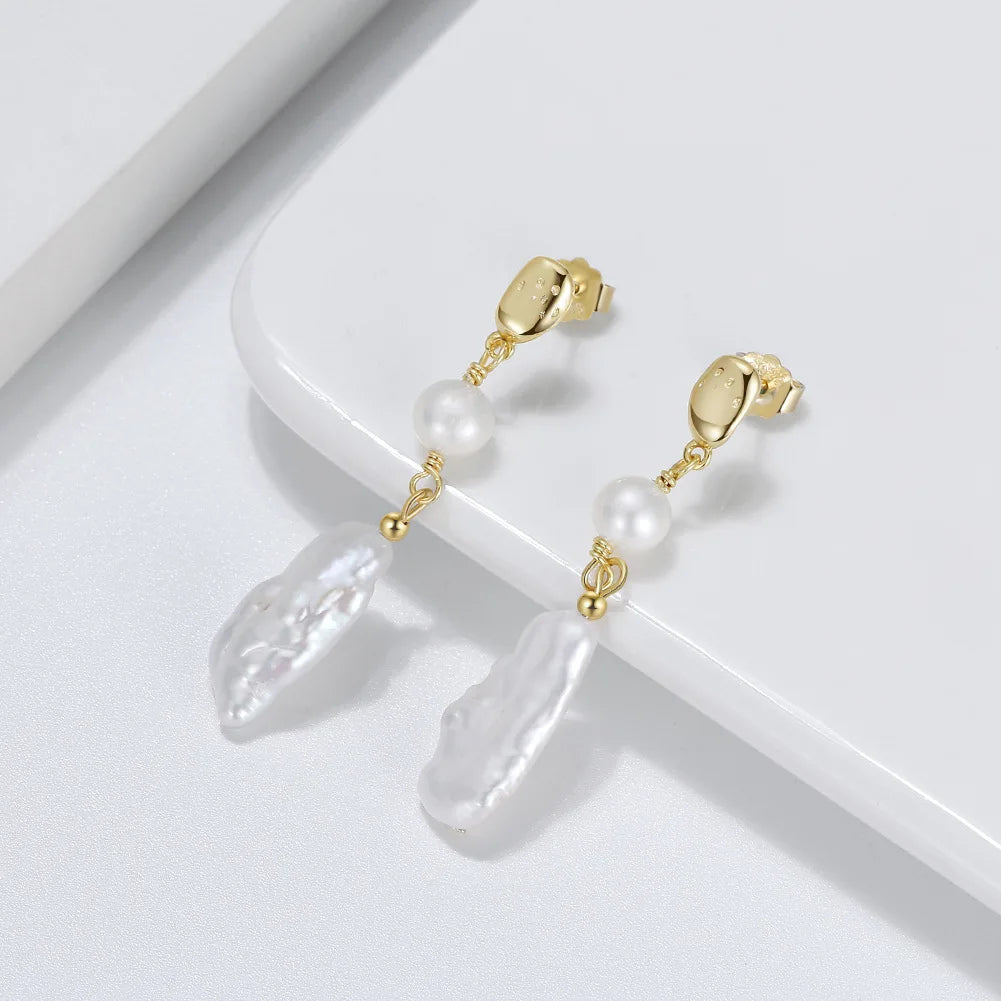 Trendy Handmade Hammered 14k Gold 925 Sterling Silver Big Irregular Freshwater Pearl Drop Dangle Earring