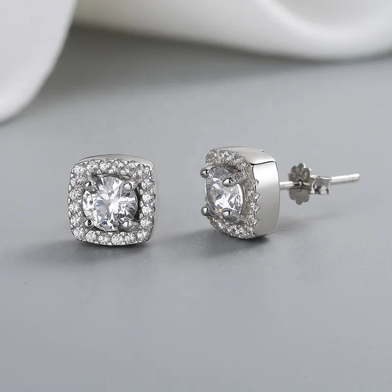Silver Square Stud Earrings With Women'S Aaa Zircon Wholesale Elegant Silver Hypoallergenic Small Moissanite Earrings