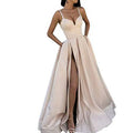 RNSHANGER Summer Women's Evening Wedding Party Dress Solid Elegant Side Slit A-Line Satin Sleeveless Prom Dresses for Woman