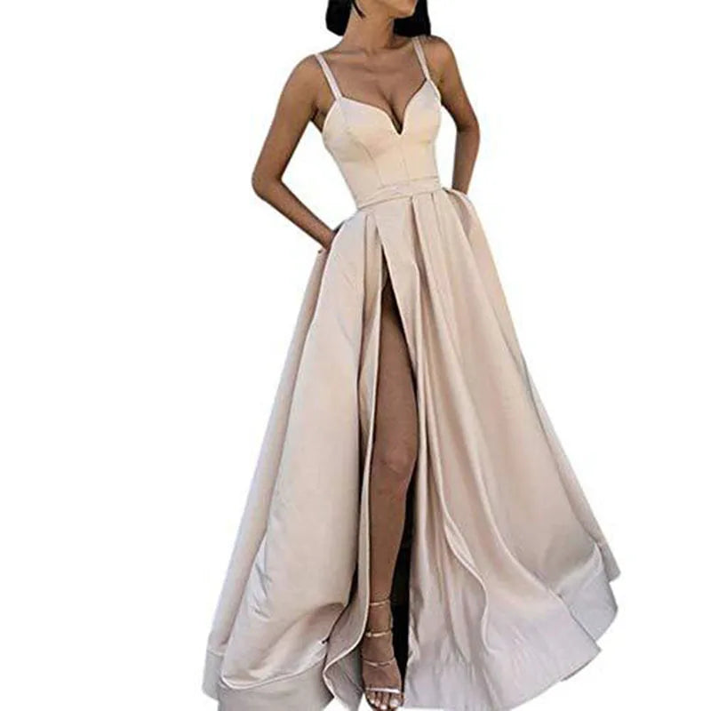 RNSHANGER Summer Women's Evening Wedding Party Dress Solid Elegant Side Slit A-Line Satin Sleeveless Prom Dresses for Woman