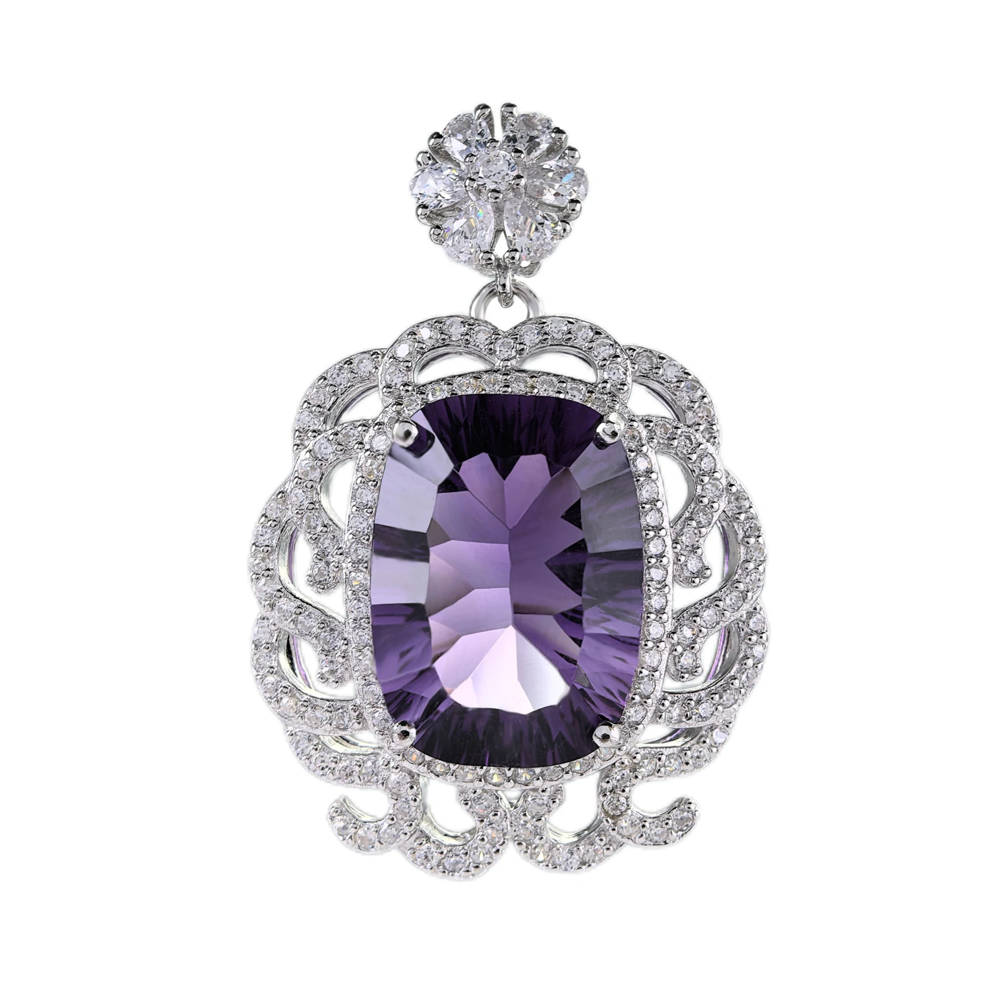 Unique Rhodium Plated 925 Sterling Silver Natural Amethyst Pendant Women's Party Wear Charm Pendants