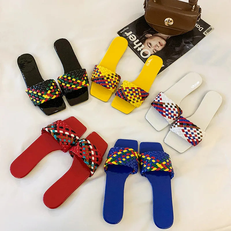 Korean Version of Colorful Woven Ribbon Slippers Women Flat Bottom Home Slippers Women Shoes Fitting Room Slippers