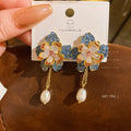 Korean New Pearl Crystal Flower Earrings Fashion Temperament Sweet Elegant Women's Jewelry Rhinestone Flower Earrings
