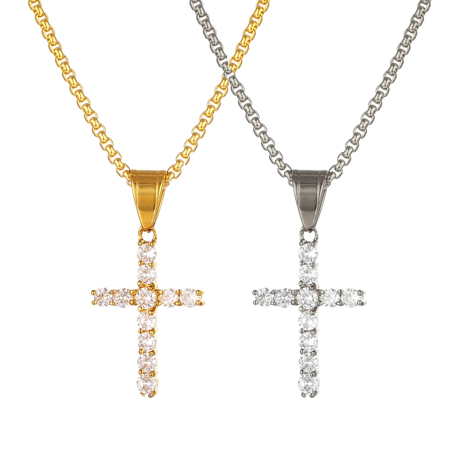 Fashion Simple Stainless Steel Diamond Cross Pendant 18K Gold Plated Iced Out Cubic Zircon Cross Necklace for Men