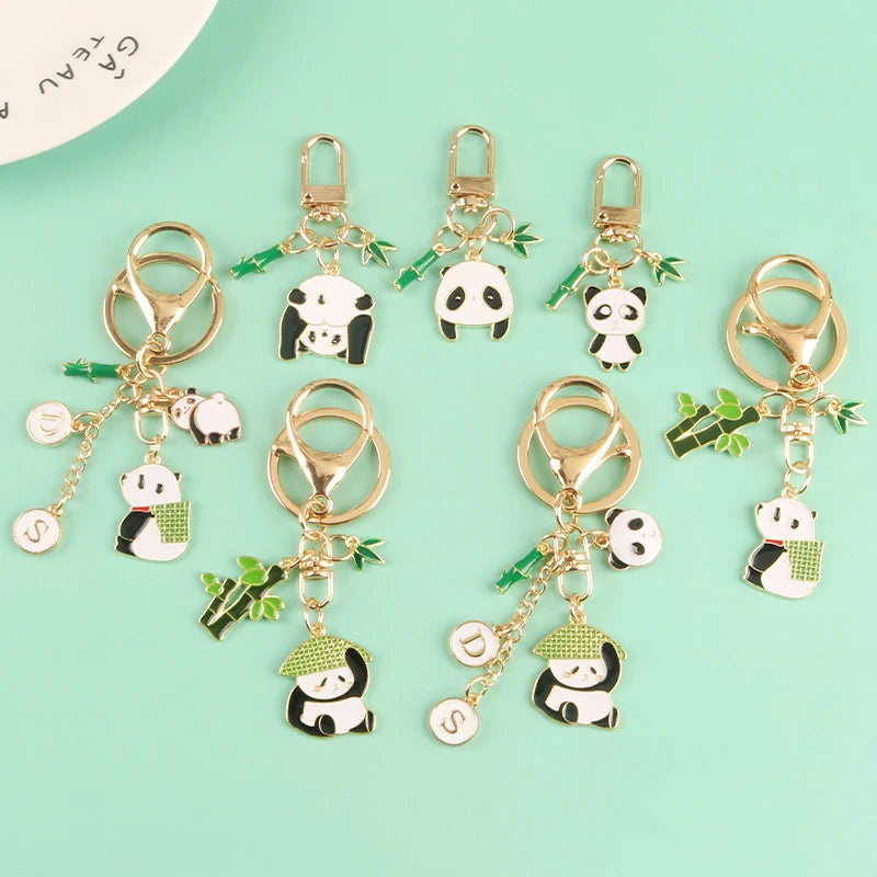Cartoon Cute Panda Keychain Alloy Jewelry Animal Bamboo Pendant Key Chain Gold Car Keyring Girls Bag Ornaments Accessories Gift