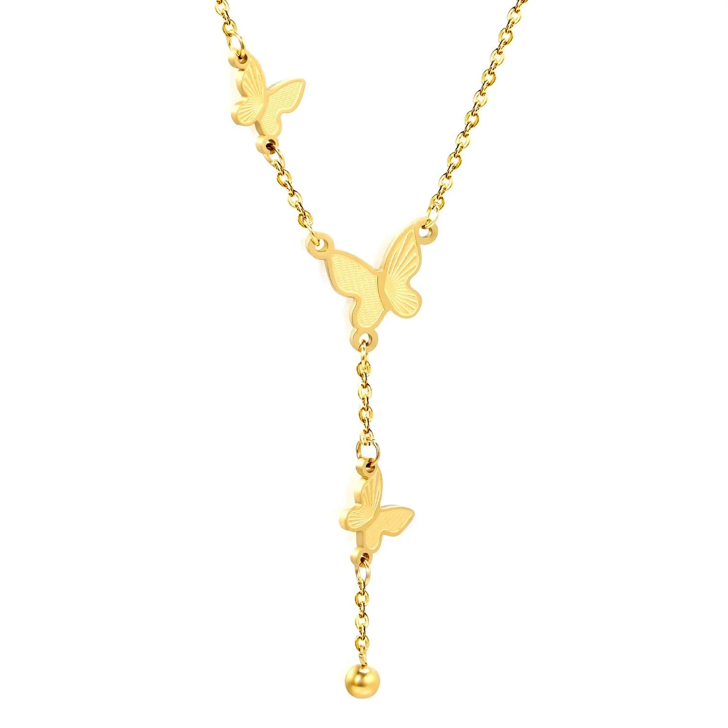 Wholesale Fashion Stainless Steel 18K Gold Plated Chain Butterfly Necklace Pendant Custom Waterproof Jewelry Tassel Necklaces