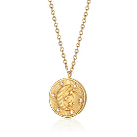 Simple Fashion Stainless Steel Round Pendant Zircon Moon Star Necklace