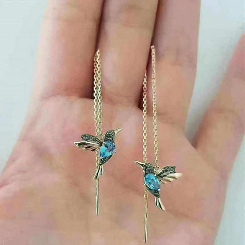 14K Gold Plated Colorful Animals Bird Earrings for Women Rhinestone Hummingbird Wire Earrings for Weddings & Parties