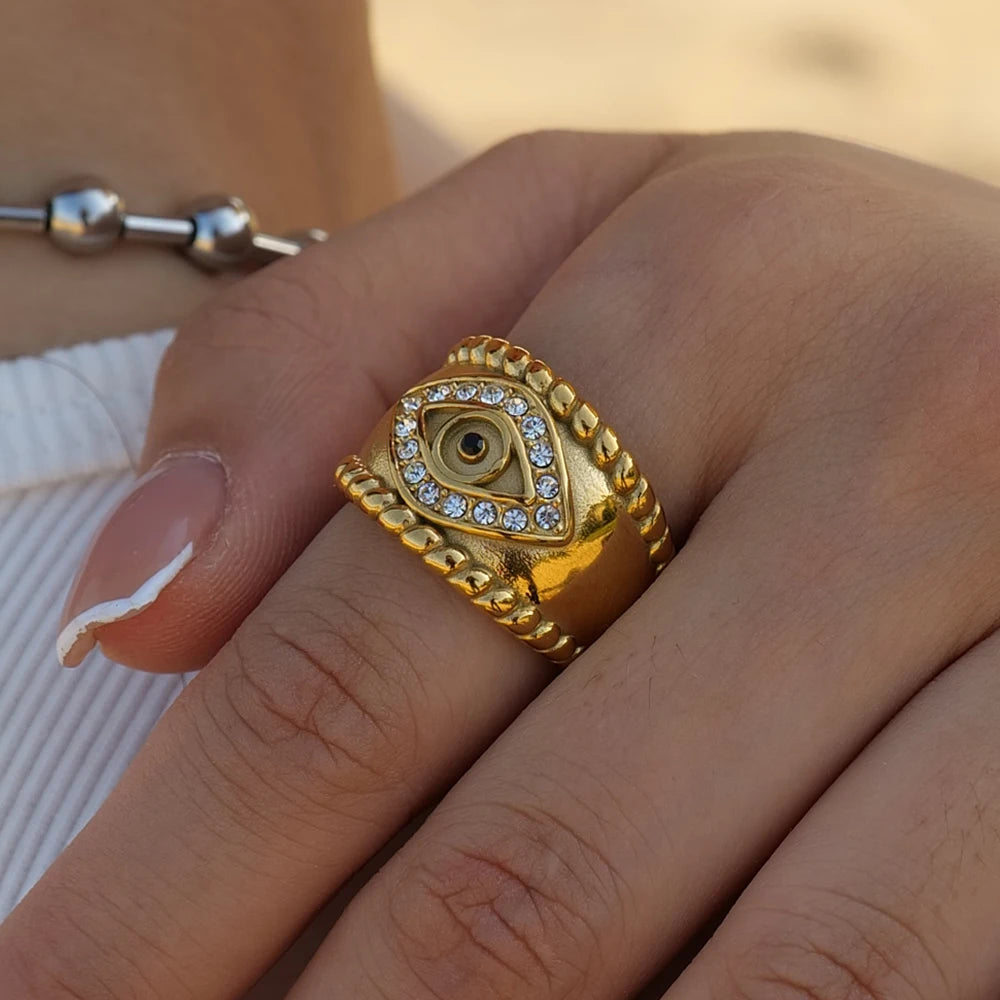 Vintage Jewelry 18K Gold Plated Twist Eyes Ring Stainless Steel Cubic Zirconia Evil Eyes Finger Rings for Women