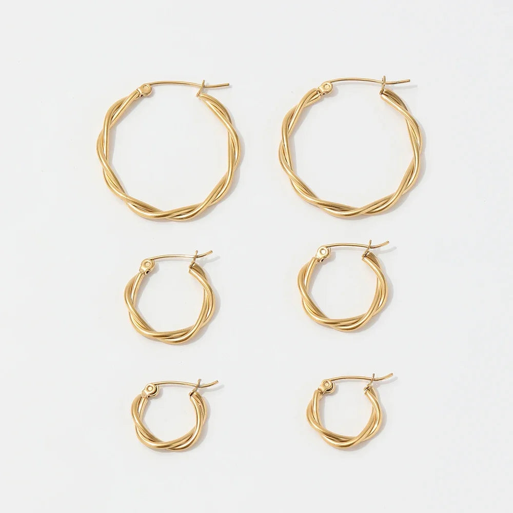Fenny 18K PVD Plated Wholesale Waterproof Dainty Trendy Vintage Twisted Rope Stainless Steel Hoop Earring for Women