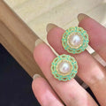 Super Beautiful Moroccan Style Green Patterned Disc Earrings 7-8 mm Freshwater Pearl Gold Plated for Weddings and Parties