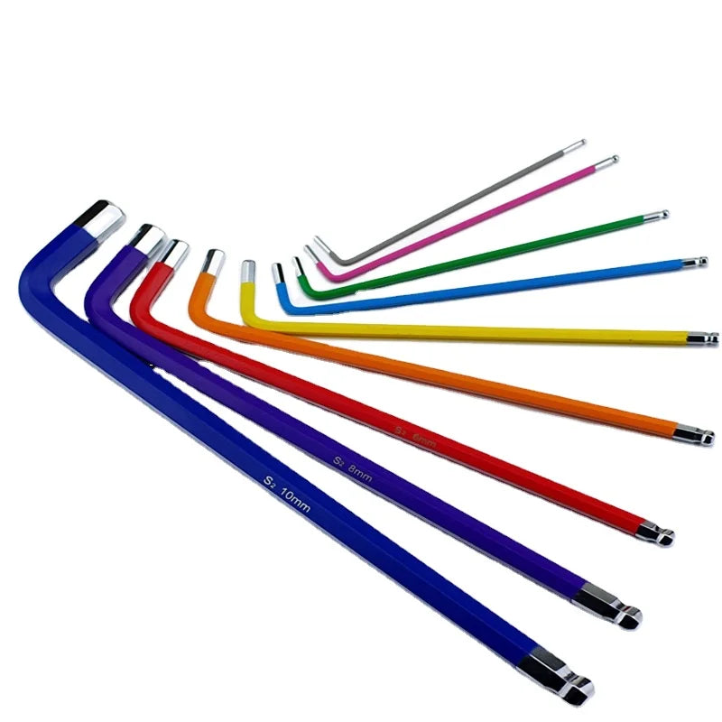 9pcs Long Arm Ball Head Allen Hex Key S2 CR-V Mirror Surface Color Coated Hexagon Wrench Metric DIY OEM Chrome Vanadium Steel
