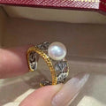 Adjustable 666 Ginkgo Leaf Ring with 8-9mm Freshwater White Bread Pearl New Two Tone Design