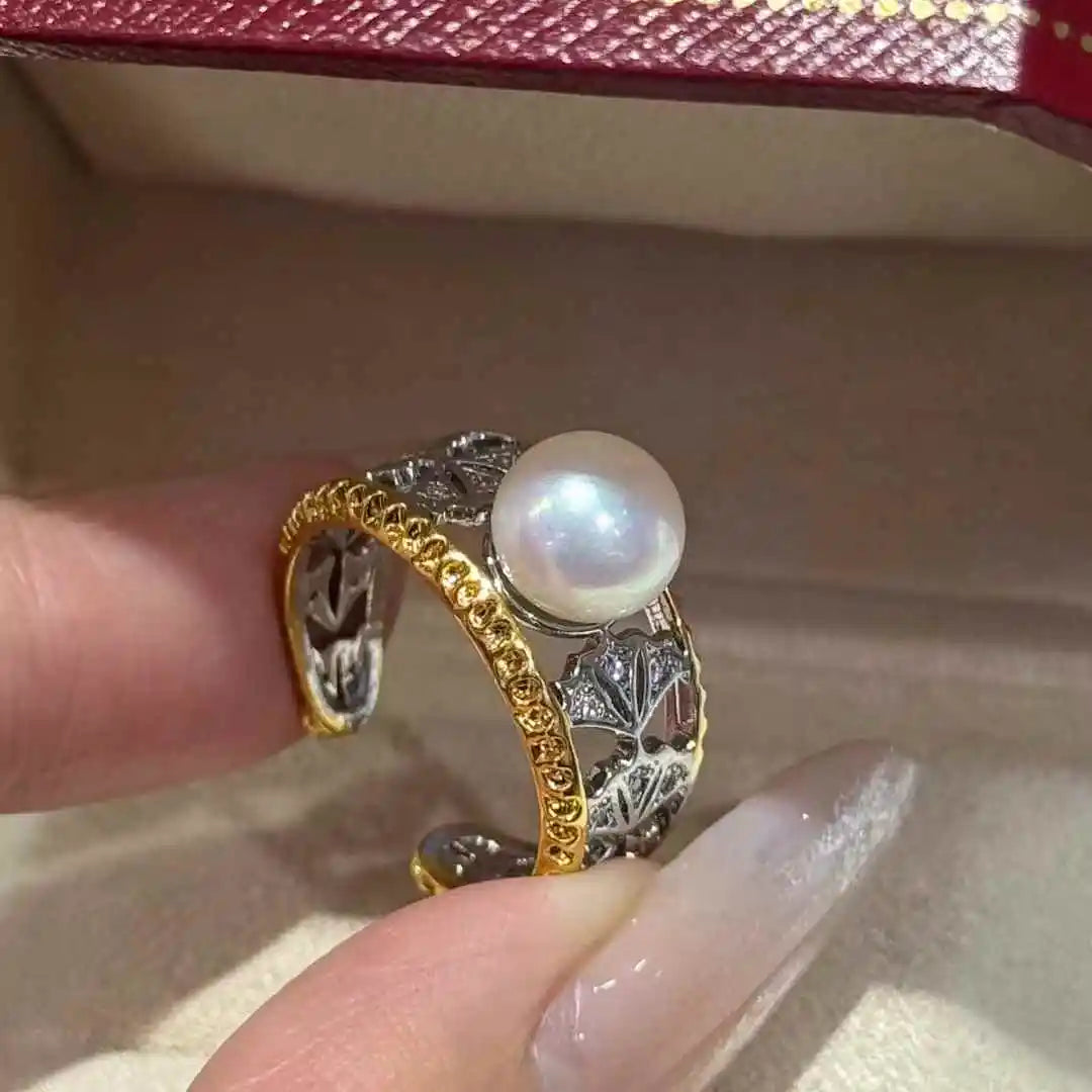 Adjustable 666 Ginkgo Leaf Ring with 8-9mm Freshwater White Bread Pearl New Two Tone Design