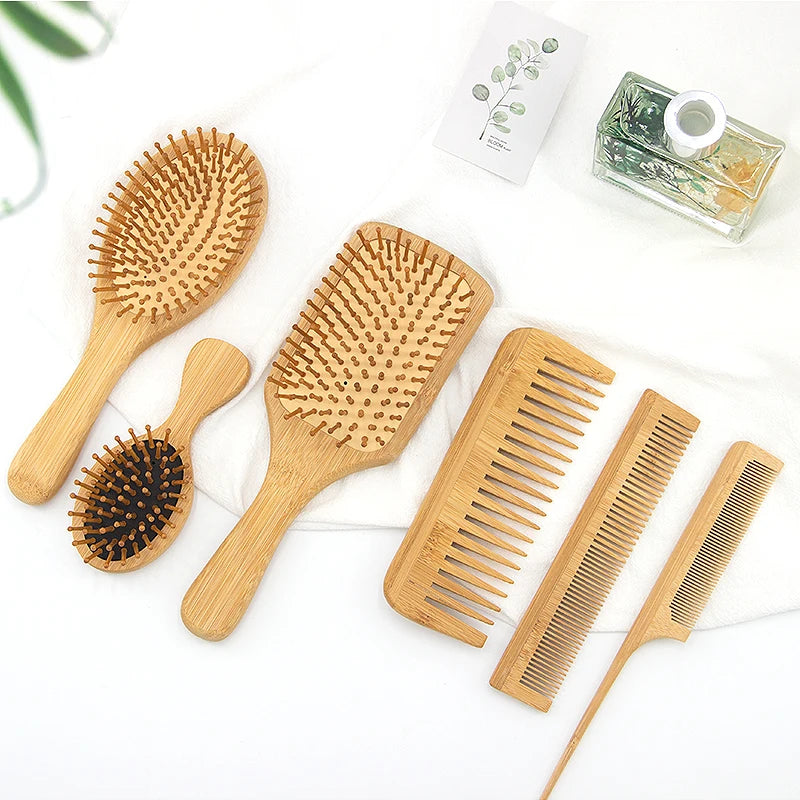 Eco-Friendly Bamboo Hair Brush and Comb Set 6PCS Air Cushion Massage Brushes Wide-Tooth and Tail Comb Set
