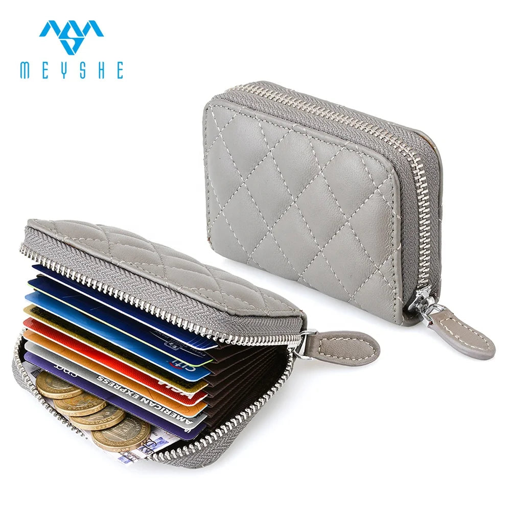 Gray Sheepskin Genuine Leather Luxury Mini Card and Coin Holder Custom Design Business & Lady Style with Zipper Custom Logo