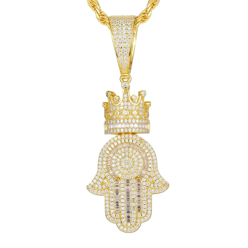 Iced Out Moissanite Crown Hamsa Hand Pendant Necklace 925 Sterling Silver Hip Hop Hasma Hand Charm for Jewelry Making
