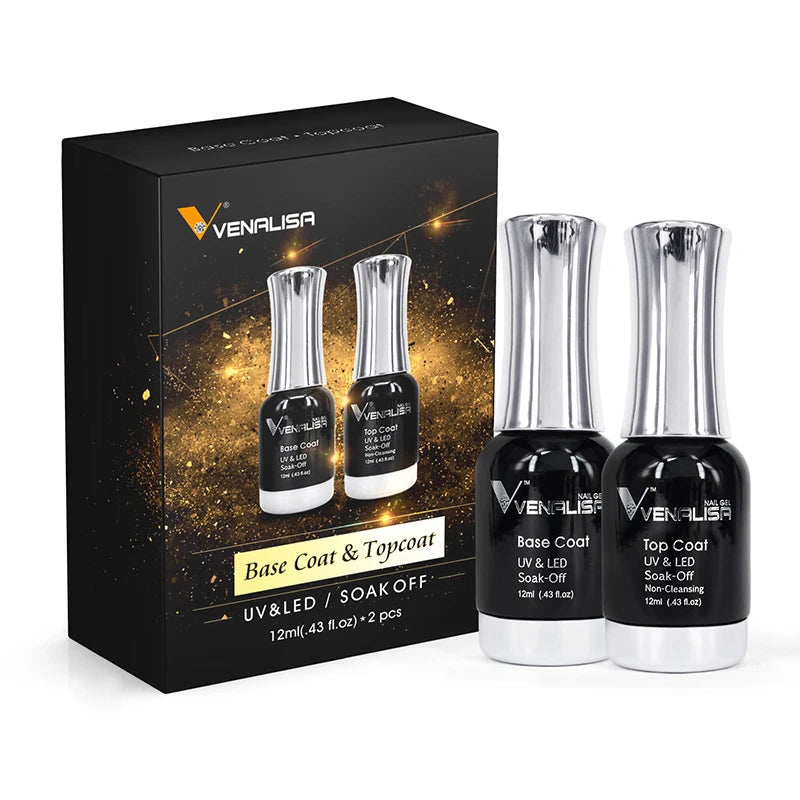 2PCS 12ML Venalisa Nail Art Manicure Bonder Water Base Coat No-Wipe Top Coat Enamel Nail Polish UV Gel Kit