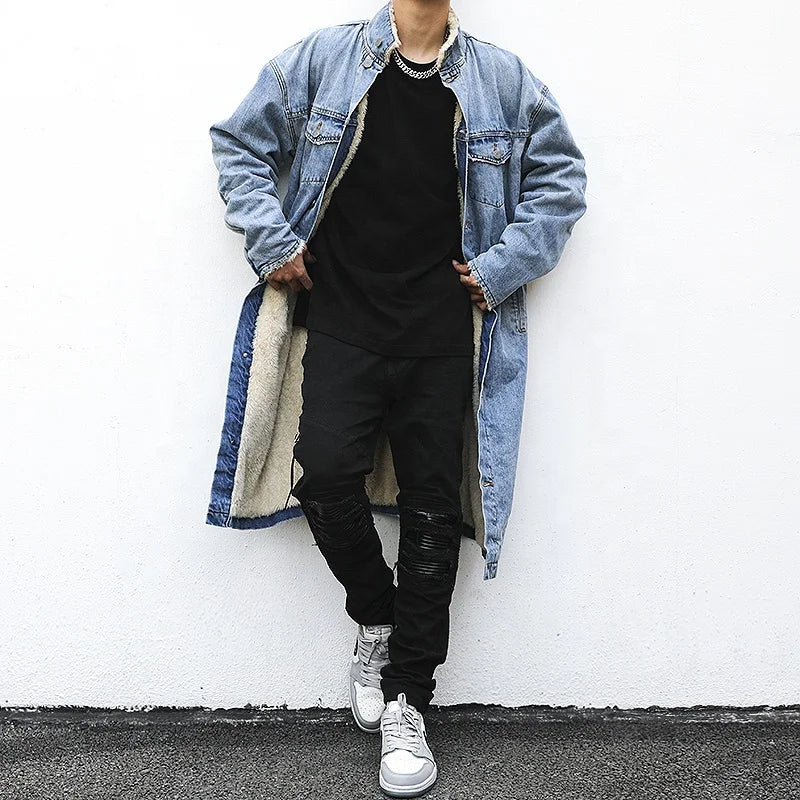 OEM Private Label Fashion Men Stock Drop Shipping Long Sharpe Mens Denim Jacket