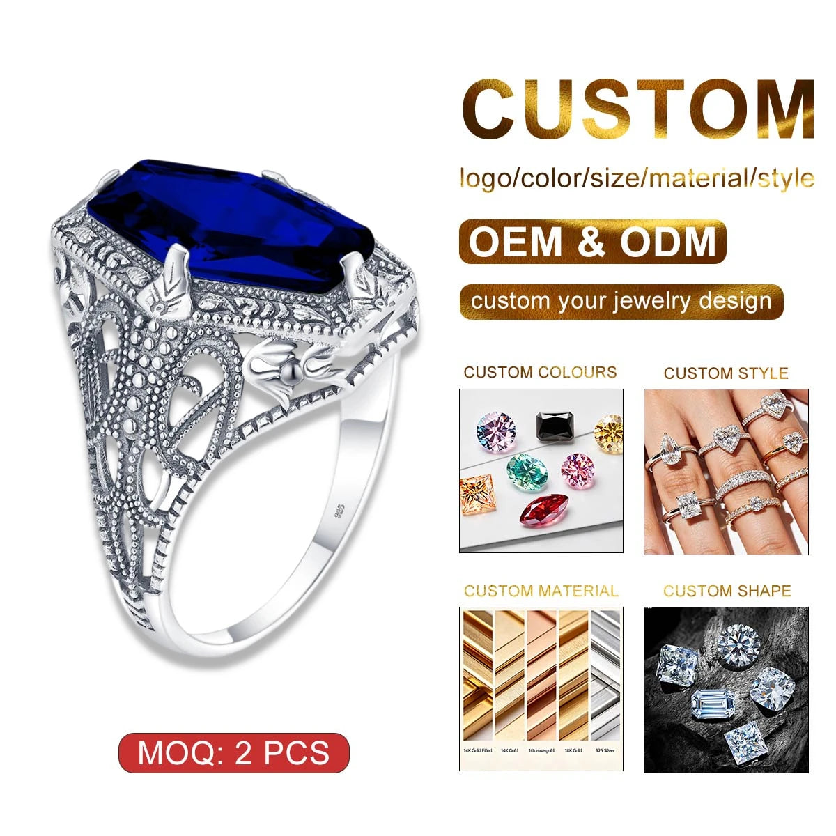 Vintage Gothic Pattern Flower Shape Blue Sapphire Gemstone Wedding Turkish Jewelry Wholesale 925 Silver Custom Manufacturer