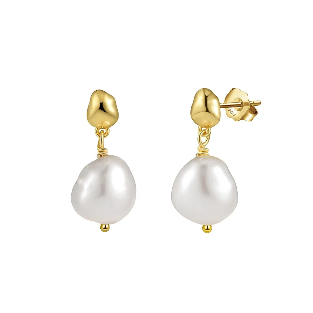 For GPE78 925 Sterling Silver Gold Plated AAAA/AAA Grade White Freshwater Pearl Stud Earrings for Women
