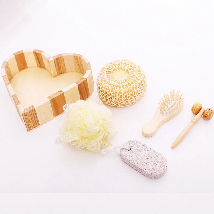 6 Pieces Heart Shape Wooden Spa Set Custom Bath Gift Set With Hair Brush Pumice Stone