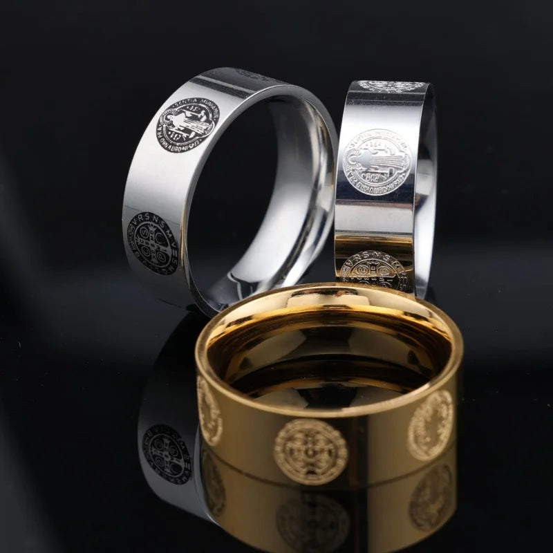 New Arrival Simple Cross Christian Stainless Steel Ring Gold Plated St Benedict Exorcism Gift