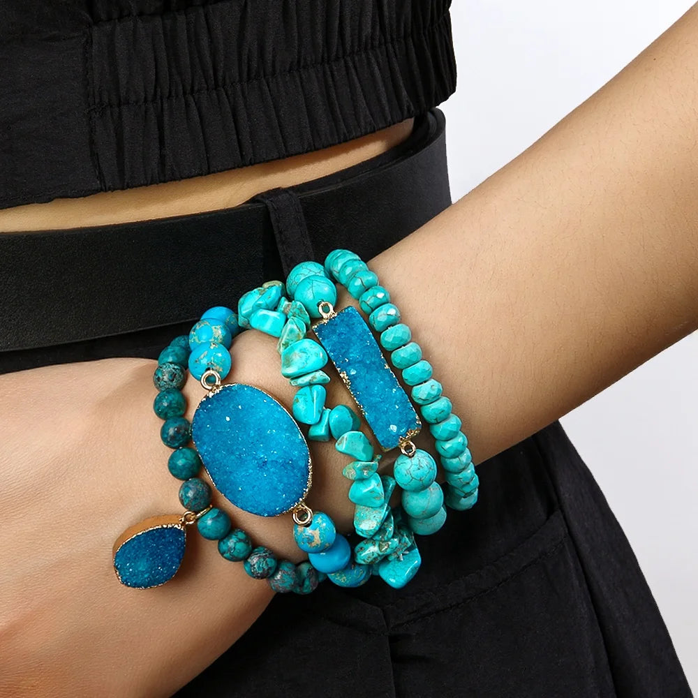 Fashion Designer Women Boho 5pc Beaded Bracelet Set Natural Chip Stone Blue Druzy Stack Bracelet Sets