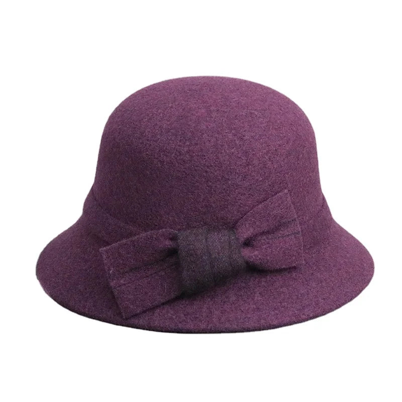 Ready to Ship Fashion Woman Purple Winter Hats Fedora Bowler Derby Hat Church Dress Cloche Hat with Bowknot