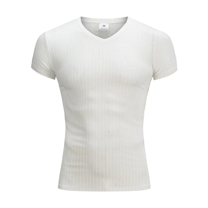 Sporty Custom t Shirt Men Knitted Polyester Elastane Shirt Vneck Sporting Skinny Gym Fitness Bodybuilding Workout Men's Clothing