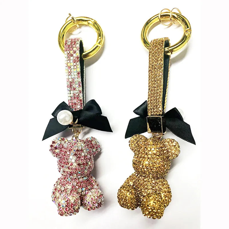 New Style Cute Cartoon Bling Crystal Rhinestone Diamond Teddy Bear Bag Pendant Gift Ornaments Accessories Car Keychain