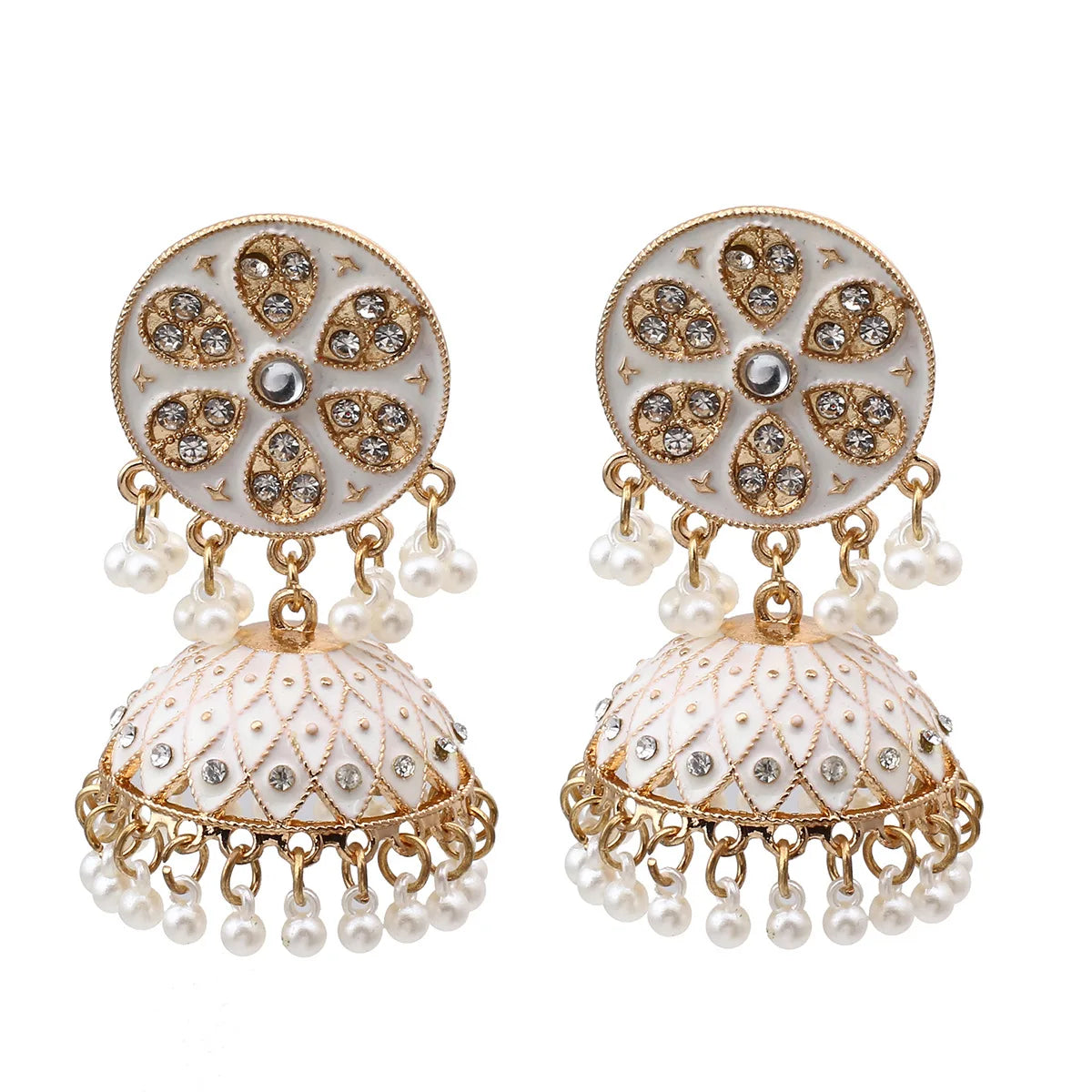 Newest Design Ethnic Style Gold Plated Enamel Carved Birdcage Pearl Tassel Indian Earrings Jhumka