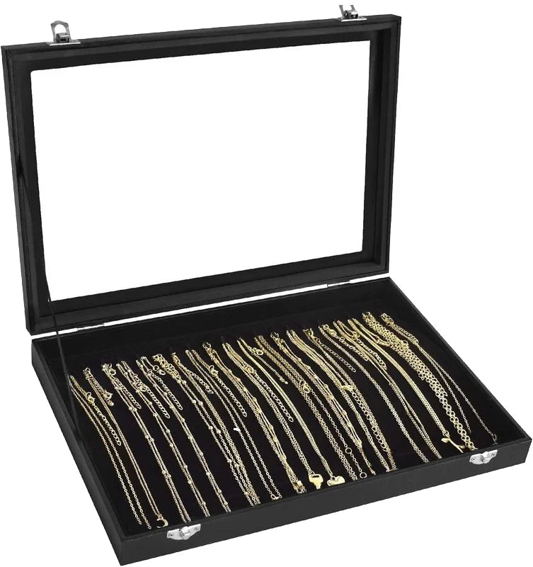 Modish Jewelry Container Fashion Black Pu Leather Glass Cover Necklace Storage Jewelry Case for Jewelry Display