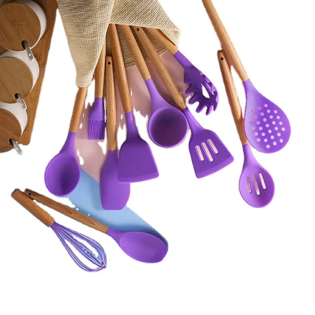 Hot Sale Ins Style Colorful Food Grade Silicone 12-Piece Wooden Handle Dishwasher Safe Kitchen Utensil Set with Holder