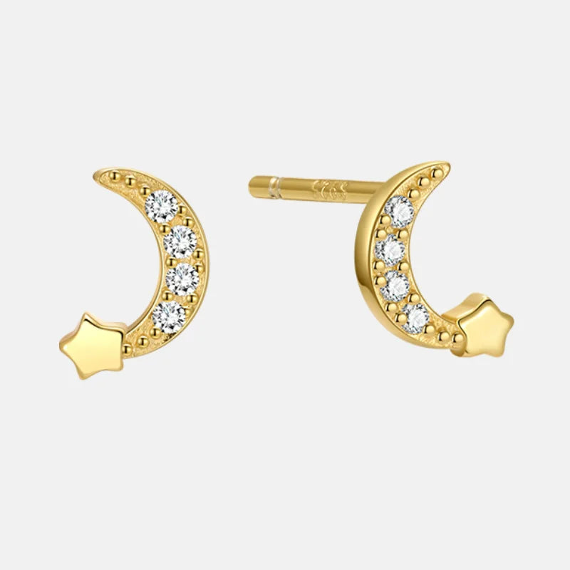 Minimalist 925 Sterling Silver Large Moon and Star Cz Korean Designer Fashion Fine Jewelry Gold Plated Stud Earrings Women