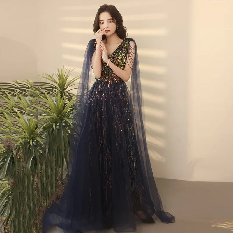 Royal Blue Sparkly  V Neck Beading Sleeveless Tassel Shawl Floor Length Prom Party Host Gown Formal a Line Evening Dresses
