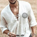 Men's Cotton Linen V-Neck Henley Shirt Drawstring Half Sleeve Lace-up T-Shirt Summer Beach Tops Anti-Wrinkle Printed Pattern