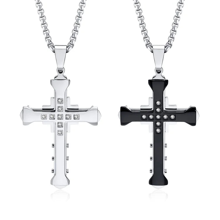 Fine Stainless Steel Men Pendant Jewelry Necklace Cz Zircon Cross Charm Necklace
