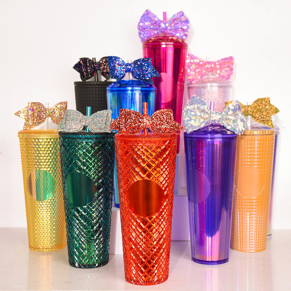 Hot Sale Tumbler Coffee 24oz PS Acrylic Double Wall Diamond Grid Studded Tumbler