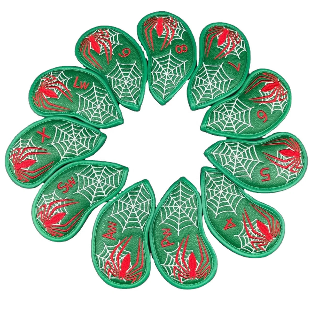 9pcs Bag C Style PU Leather Green Embroidered Golf Iron Club Head Cover